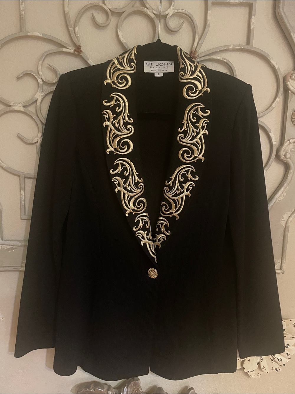 St. John Black Blazer with Gold Embroidered Shawl Collar